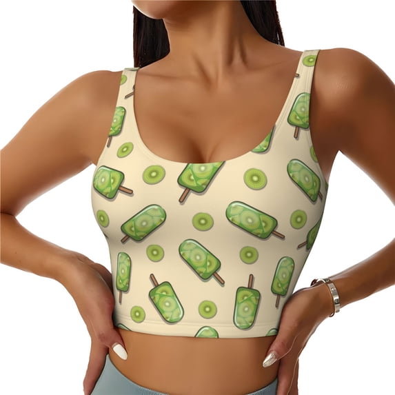Fotbe Kiwi Ice Cream Pattern Womens' Sports Bra Longline Wirefree Padded with Medium Support Sports Moisture-Wicking Workou Vest,Tank Top-X-Large