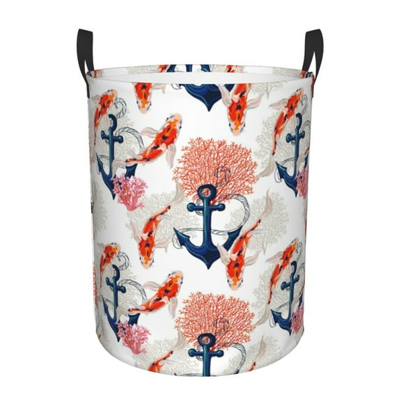 Fotbe Koi Fish And Corals Laundry Basket with Handles, Waterproof Large Laundry Hamper, Wash Bag for Corner Dorm, Rolling Laundry Basket with Handles-Small