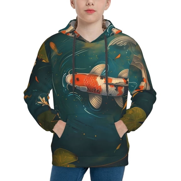 Fotbe Koi Pond Lilies Pattern Youth Pullover Hooded Sweatshirt, Boys Hoodie, Kangaroo Pocket Hoodie for Kids Girls -Small