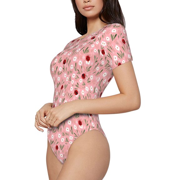 Fotbe Ladybug And Flowers Women's Crew Neck Short Sleeves Bodysuit Tops Round Neck Slim Sleeveless Soft Comfortable Basic-Medium