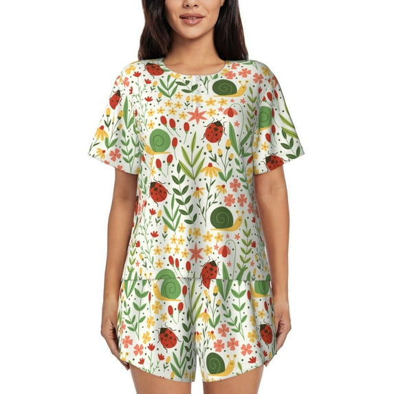 Fotbe Ladybug And Wild Flowers Print Pajama Set for Women 2 Piece Loungewear Short Sleeve Tops and Shorts Set Soft Sleepwear-X-Large