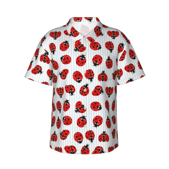 Fotbe Ladybug On Blue Stripes Hawaiian Shirt for Men Unisex Summer Beach Casual Short Sleeve Cotton Linen Button Down Shirts-X-Large