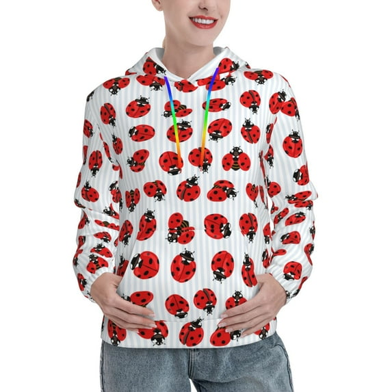 Fotbe Ladybug On Blue Stripes Pattern Womens Long Sleeve Hoodie, Pullover Hooded Sweatshirt, Kangaroo Pocket Hoodie with Eye-catching Drawstrings-Small