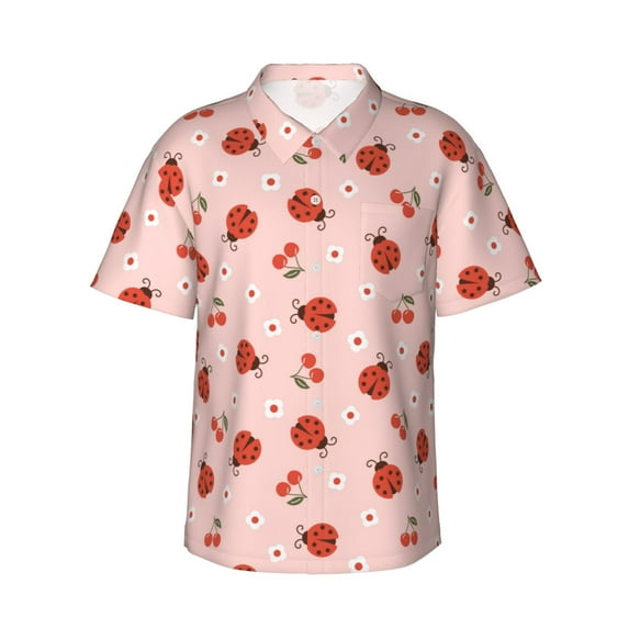 Fotbe Ladybug With Flower Hawaiian Shirt for Men Unisex Summer Beach Casual Short Sleeve Cotton Linen Button Down Shirts-X-Large
