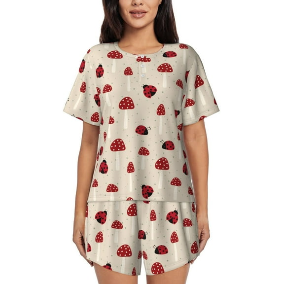 Fotbe Ladybug With Mushroom Print Pajama Set for Women 2 Piece Loungewear Short Sleeve Tops and Shorts Set Soft Sleepwear-Large
