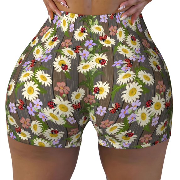 Fotbe Ladybugs And Flowers On A Wooden Seamless Shorts, Womens Workout Shorts High Waist Stretch Booty Short for Gym/Yoga/Running/Biking-Small