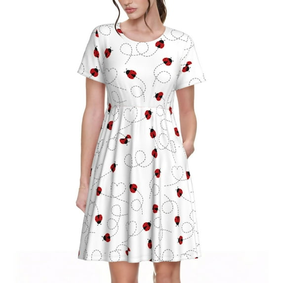 Fotbe Ladybugs Flying On Dotted Route Pattern Dress Casual Womens Fashion Short Sleeve Maxi Dress T Shirt Dress Striped Long Color Block Maxi Dress