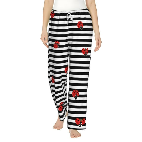 Fotbe Ladybugs on Black and White Striped Women's Pajama Pants,Sleepwear Pants,Pj Bottoms Drawstring And Pockets-X-Large