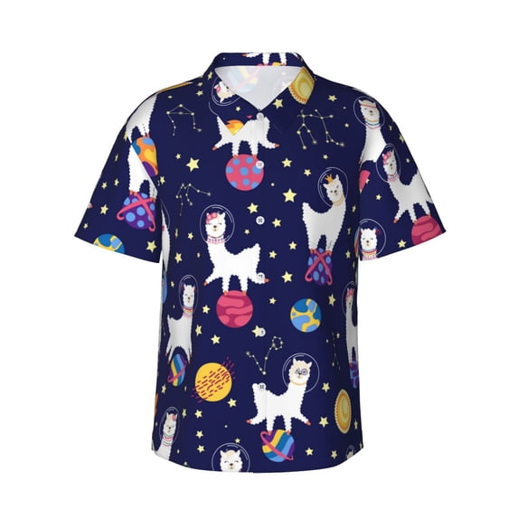Fotbe Lama In Space Hawaiian Shirt For Men Unisex Summer Beach Casual Short Sleeve Cotton Linen Button Down Shirts-Small