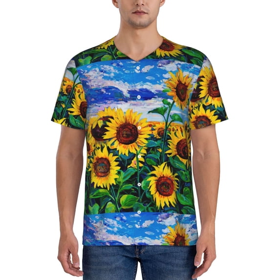 Fotbe Landscape With Sunflowers Baseball Jersey Shirt for Men and Women, Casual Short Sleeves Button Down T-Shirt-XX-Large