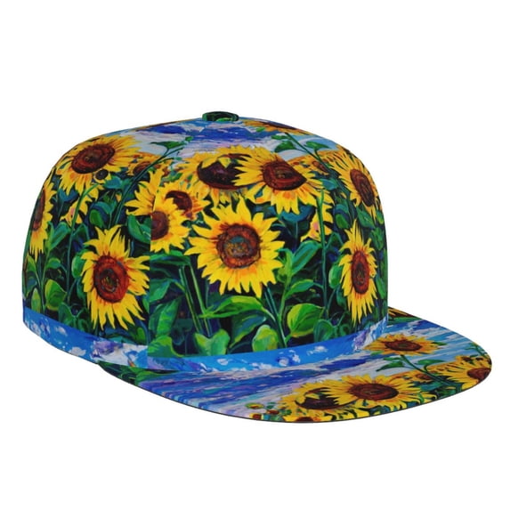 Fotbe Landscape With Sunflowers Flat Bill Visor Cap Classic Snapback Hat Polyester Foam Trucker Hat Trucker Cap Adjustable Baseball Cap
