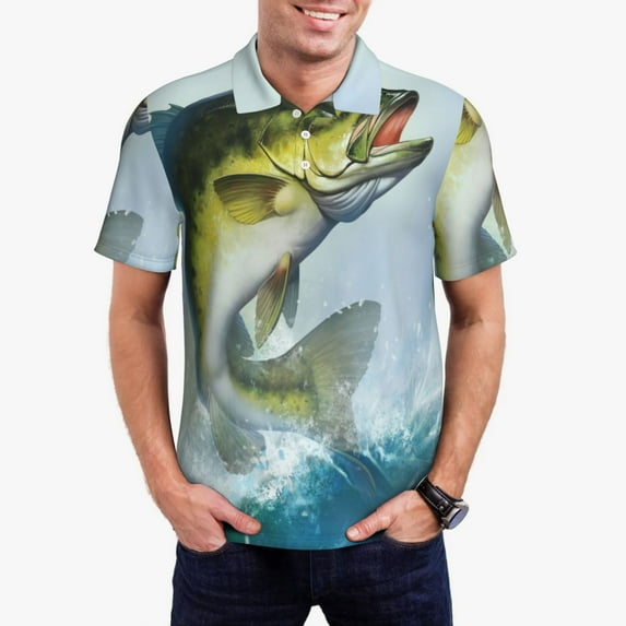 Fotbe Largemouth Bass jumps out of water Pattern Men’s Golf Polo Shirt – Breathable Performance Golf Shirt with Button-Down Collar-Large