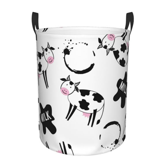 Fotbe Laundry Hamper With Durable Leather Laundry Basket Cute Cow And Milk Stains Thickened Waterproof Round Collapsible Laundry Hamper, Dirty Clothes Laundry Basket
