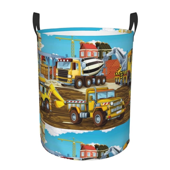 Fotbe Different Construction Site Vehicles Laundry Basket with Handles, Waterproof Large Laundry Hamper, Wash Bag for Corner Dorm, Rolling Laundry Basket with Handles-Medium