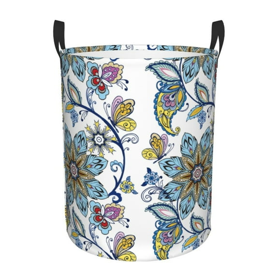 Fotbe Laundry Hamper With Durable Leather Laundry Basket Flowers And Butterflies Thickened Waterproof Round Collapsible Laundry Hamper, Dirty Clothes Laundry Basket
