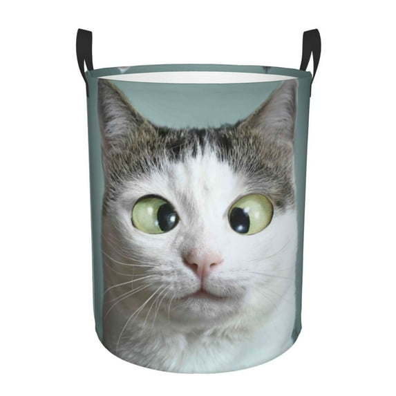 Fotbe Laundry Hamper With Durable Leather Laundry Basket Funny Cat Thickened Waterproof Round Collapsible Laundry Hamper, Dirty Clothes Laundry Basket