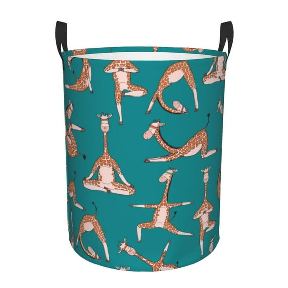 Fotbe Laundry Hamper With Durable Leather Laundry Basket Giraffes Doing Various Yoga Thickened Waterproof Round Collapsible Laundry Hamper, Dirty Clothes Laundry Basket