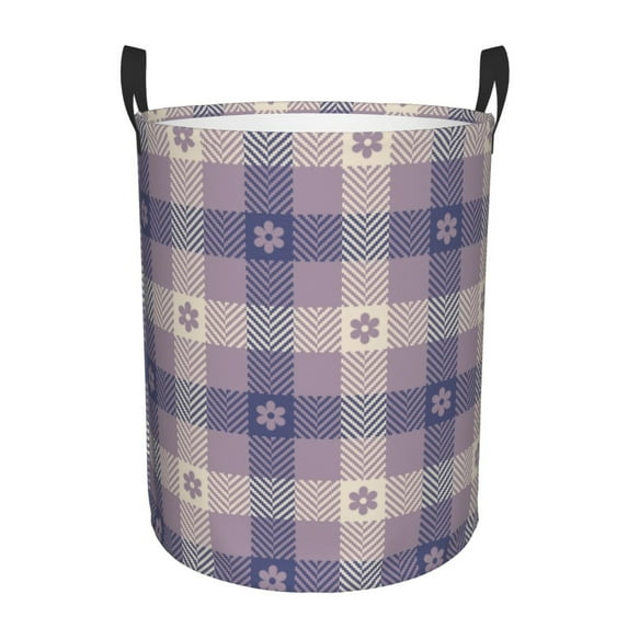 Fotbe Laundry Hamper With Durable Leather Laundry Basket Purple Floral Gingham Check Plaid Thickened Waterproof Round Collapsible Laundry Hamper, Dirty Clothes Laundry Basket