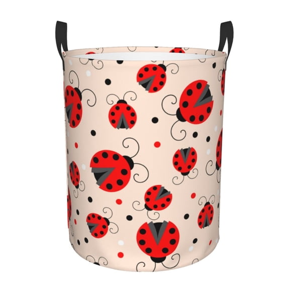 Fotbe Laundry Hamper With Durable Leather Laundry Basket Red Ladybug Thickened Waterproof Round Collapsible Laundry Hamper, Dirty Clothes Laundry Basket