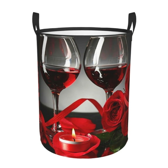 Fotbe Laundry Hamper With Durable Leather Laundry Basket Red Wine Rose Thickened Waterproof Round Collapsible Laundry Hamper, Dirty Clothes Laundry Basket