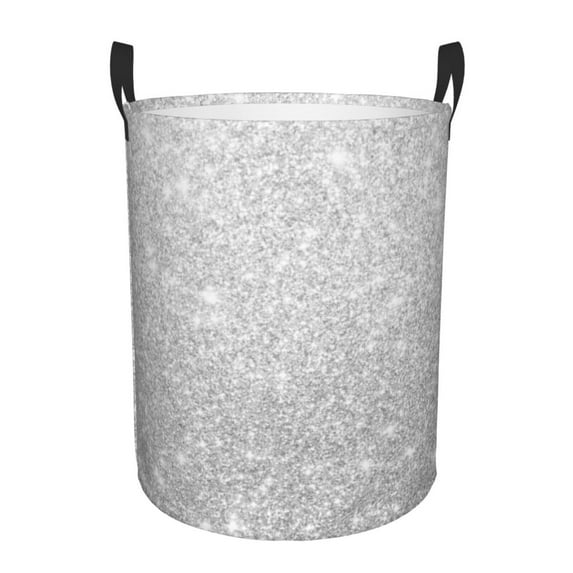 Fotbe Laundry Hamper With Durable Leather Laundry Basket Silver Glitter Thickened Waterproof Round Collapsible Laundry Hamper, Dirty Clothes Laundry Basket