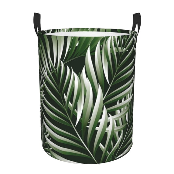 Fotbe Laundry Hamper With Durable Leather Laundry Basket Tropical Palm Leaves1 Thickened Waterproof Round Collapsible Laundry Hamper, Dirty Clothes Laundry Basket
