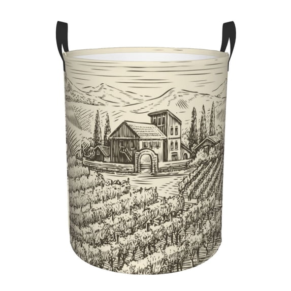 Fotbe Laundry Hamper With Durable Leather Laundry Basket Vineyard Landscape Thickened Waterproof Round Collapsible Laundry Hamper, Dirty Clothes Laundry Basket