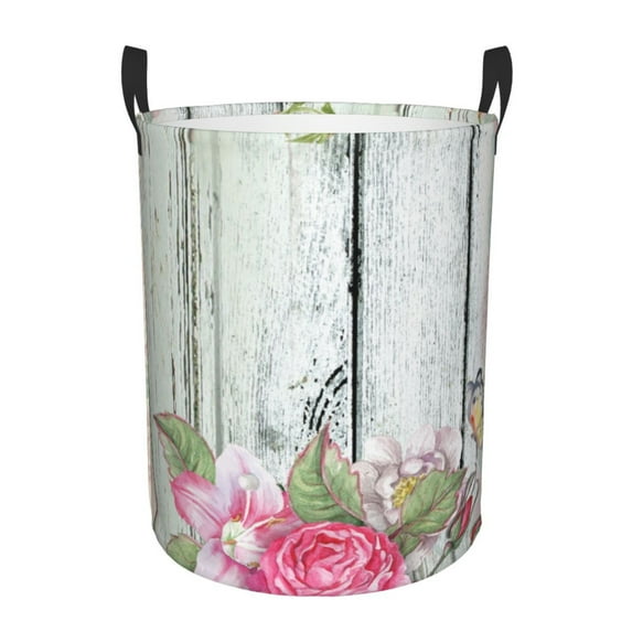 Fotbe Laundry Hamper With Durable Leather Laundry Basket Vintage Wood With Floral Thickened Waterproof Round Collapsible Laundry Hamper, Dirty Clothes Laundry Basket