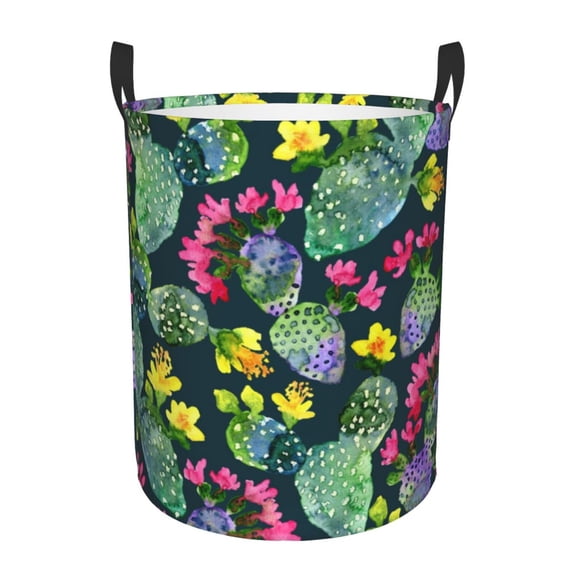 Fotbe Laundry Hamper With Durable Leather Laundry Basket Watercolor Cactuses Thickened Waterproof Round Collapsible Laundry Hamper, Dirty Clothes Laundry Basket