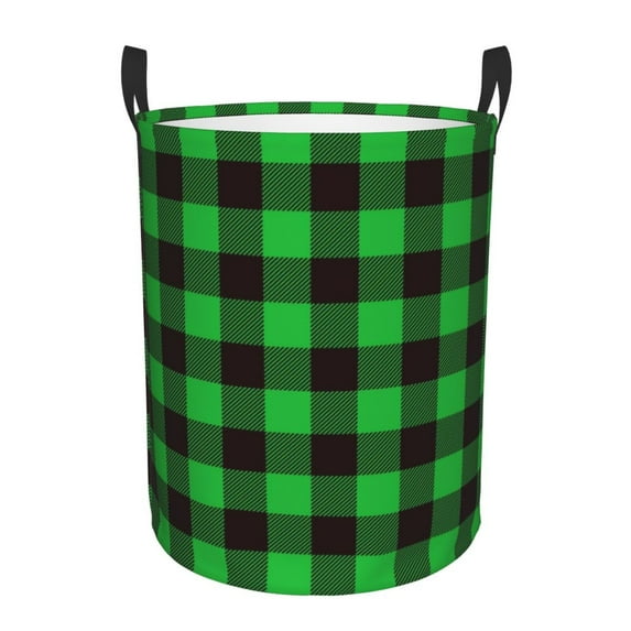 Fotbe Laundry Hamper With Durable Leather Laundry Basket Buffalo Plaid Green Black Thickened Waterproof Round Collapsible Laundry Hamper, Dirty Clothes Laundry Basket