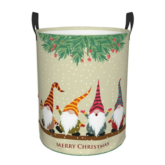 Fotbe Laundry Hamper With Durable Leather Laundry Basket Christmas Card With Gnomes Thickened Waterproof Round Collapsible Laundry Hamper, Dirty Clothes Laundry Basket
