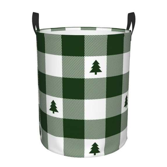 Fotbe Laundry Hamper With Durable Leather Laundry Basket Green White Lumberjack Plaid Thickened Waterproof Round Collapsible Laundry Hamper, Dirty Clothes Laundry Basket