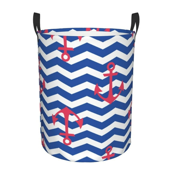 Fotbe Laundry Hamper With Durable Leather Laundry Basket Nautical Anchors Thickened Waterproof Round Collapsible Laundry Hamper, Dirty Clothes Laundry Basket