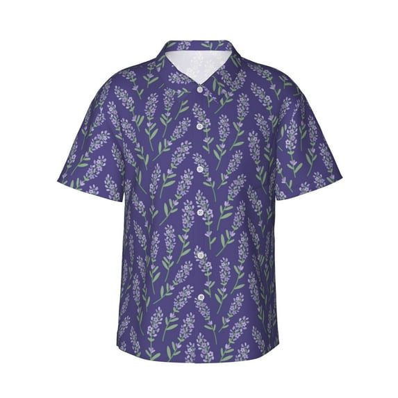 Fotbe Lavender Flowers Hawaiian Shirt for Men Unisex Summer Beach Casual Short Sleeve Cotton Linen Button Down Shirts-Small