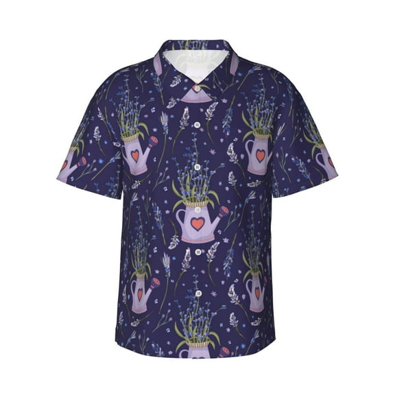 Fotbe Lavender Flowers Hawaiian Shirt for Men Unisex Summer Beach Casual Short Sleeve Cotton Linen Button Down Shirts-Small