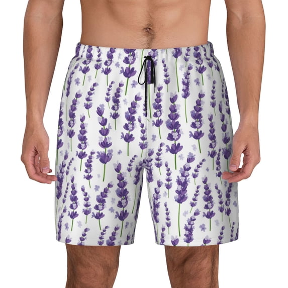 Fotbe Lavender Flowers Men’s Swim Trunks Quick Dry Swim Shorts Board Shorts with Mesh Lining-Large