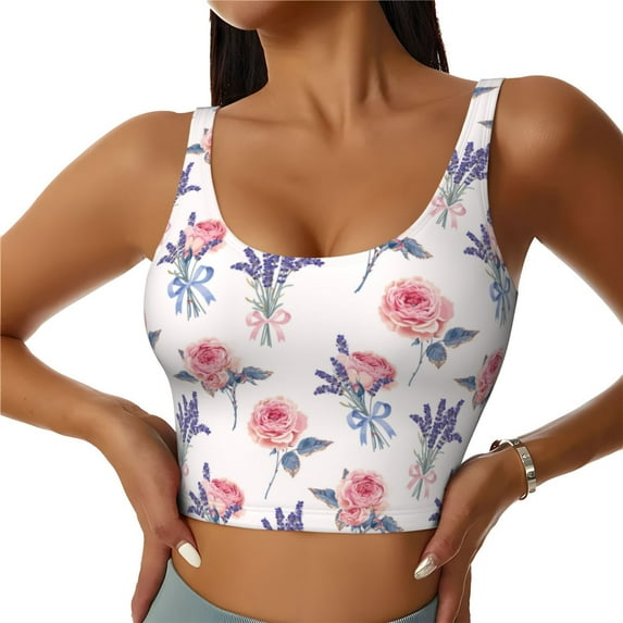Fotbe Lavender Flowers Pattern Womens' Sports Bra Longline Wirefree Padded with Medium Support Sports Moisture-Wicking Workou Vest,Tank Top-Large