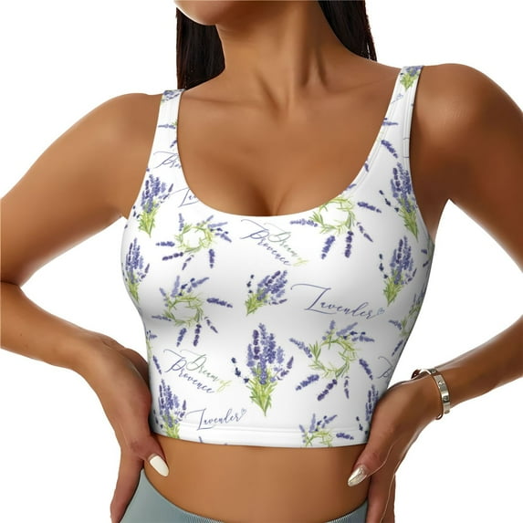 Fotbe Lavender Flowers Pattern Womens' Sports Bra Longline Wirefree Padded with Medium Support Sports Moisture-Wicking Workou Vest,Tank Top-Large