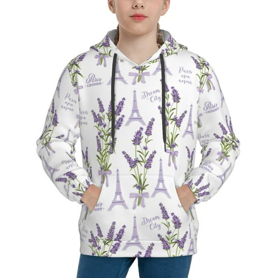 Fotbe Lavender Flowers Pattern Youth Pullover Hooded Sweatshirt, Boys Hoodie, Kangaroo Pocket Hoodie for Kids Girls -X-Large