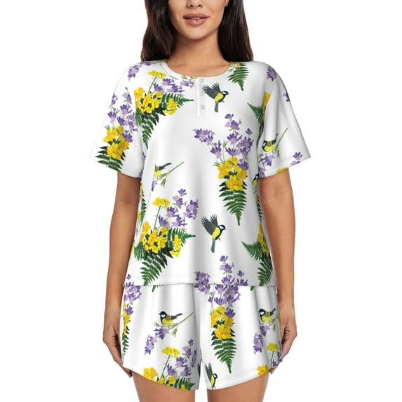 Fotbe Lavender Flowers Print Pajama Set for Women 2 Piece Loungewear Short Sleeve Tops and Shorts Set Soft Sleepwear-Small