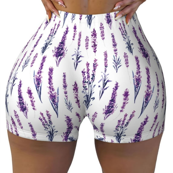 Fotbe Lavender Flowers Seamless Shorts, Womens Workout Shorts High Waist Stretch Booty Short for Gym/Yoga/Running/Biking-Large