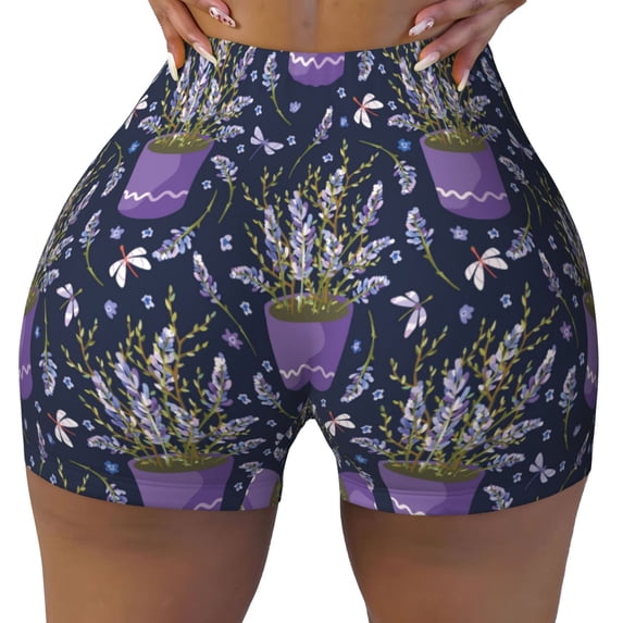 Fotbe Lavender Flowers Seamless Shorts, Womens Workout Shorts High Waist Stretch Booty Short for Gym/Yoga/Running/Biking-Medium