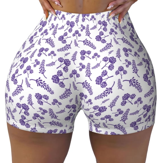 Fotbe Lavender Flowers Seamless Shorts, Womens Workout Shorts High Waist Stretch Booty Short for Gym/Yoga/Running/Biking-XX-Large
