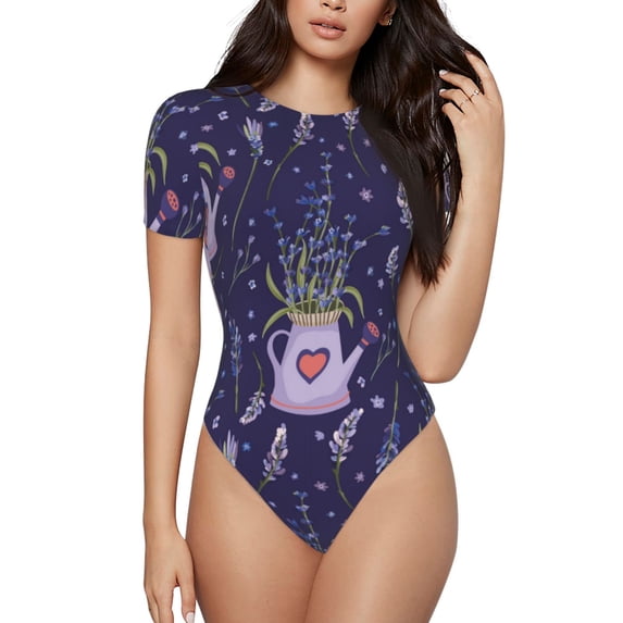 Fotbe Lavender Flowers Women's Crew Neck Short Sleeves Bodysuit Tops Round Neck Slim Sleeveless Soft Comfortable Basic-Large