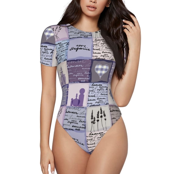 Fotbe Lavender Flowers Women's Crew Neck Short Sleeves Bodysuit Tops Round Neck Slim Sleeveless Soft Comfortable Basic-Small
