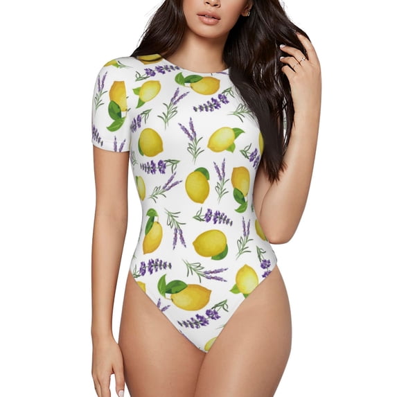 Fotbe Lavender Flowers Women's Crew Neck Short Sleeves Bodysuit Tops Round Neck Slim Sleeveless Soft Comfortable Basic-XX-Large
