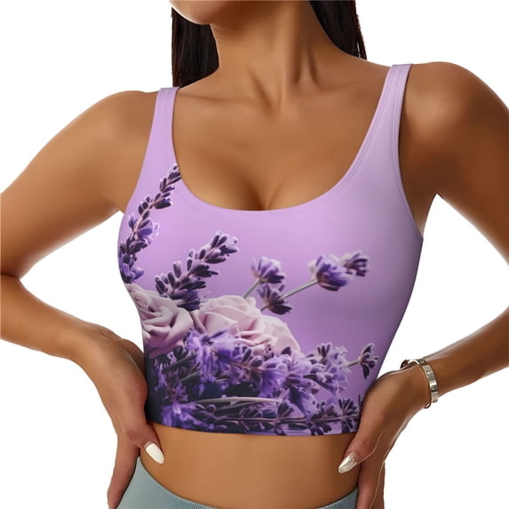 Fotbe Lavender Roses Arrangement Pattern Womens' Sports Bra Longline Wirefree Padded with Medium Support Sports Moisture-Wicking Workou Vest,Tank Top-X-Large