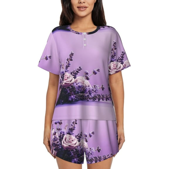 Fotbe Lavender Roses Arrangement Print Pajama Set for Women 2 Piece Loungewear Short Sleeve Tops and Shorts Set Soft Sleepwear-4X-Large