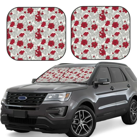 Fotbe Leaves And Anemone Flowers In Red Grey 2-Piece Car Windshield Sun Shade | Sun Blocker for Car Windshield | Foldable Automotive Interior Accessories for Sun Protection-Small