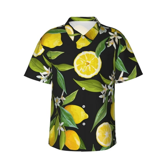 Fotbe Lemon Fruits Flowers Leaves Hawaiian Shirt For Men Unisex Summer Beach Casual Short Sleeve Cotton Linen Button Down Shirts-Medium